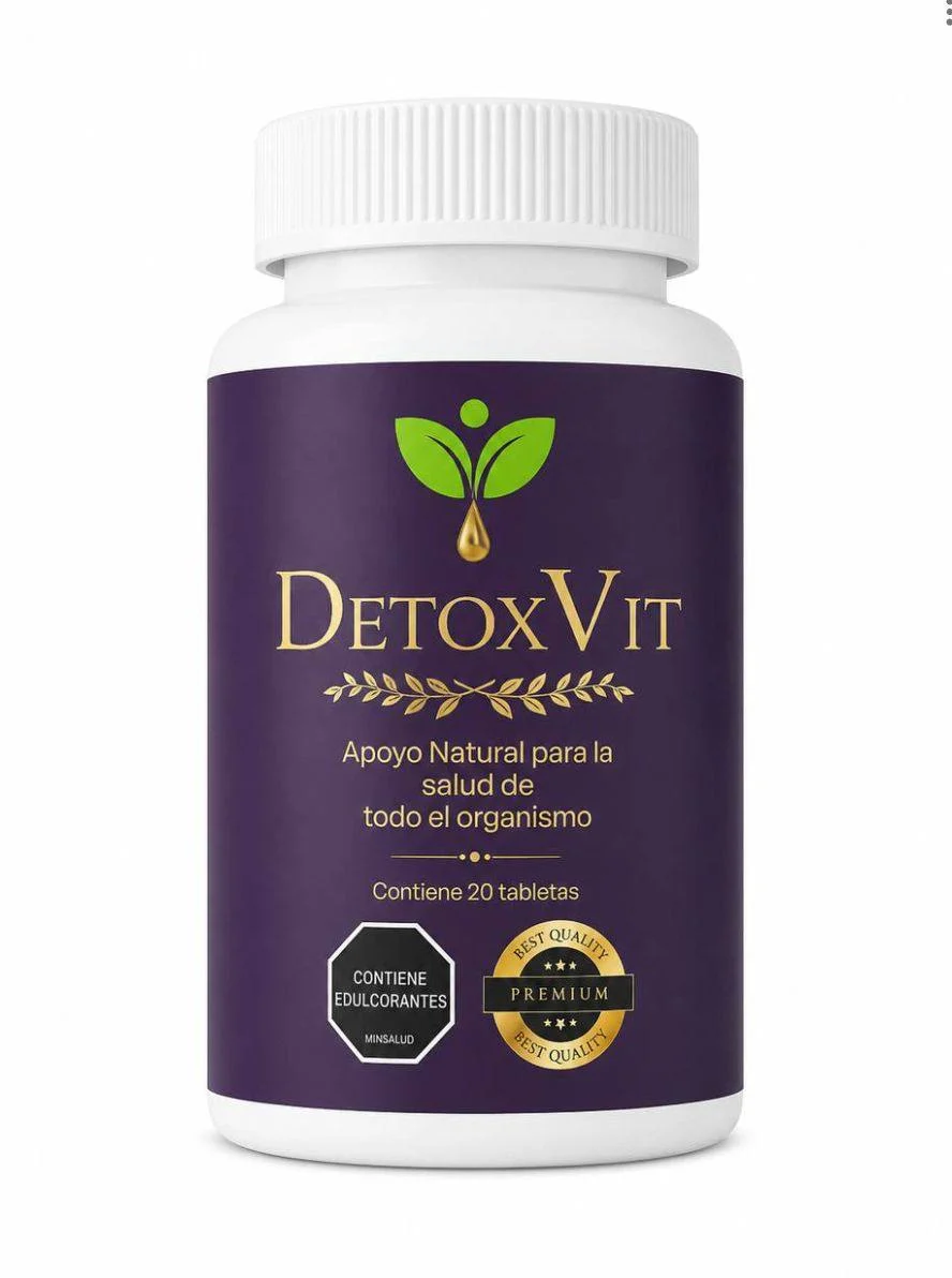 Ilustración del frasco de DetoxVit: 20 tabletas, etiqueta morada